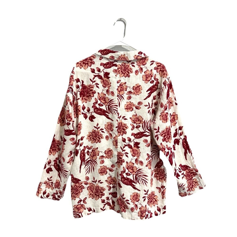 Rachel Zoe Button Up Linen Floral Bird Print Shirt Blouse Women L Missing Belt - Picture 2 of 9